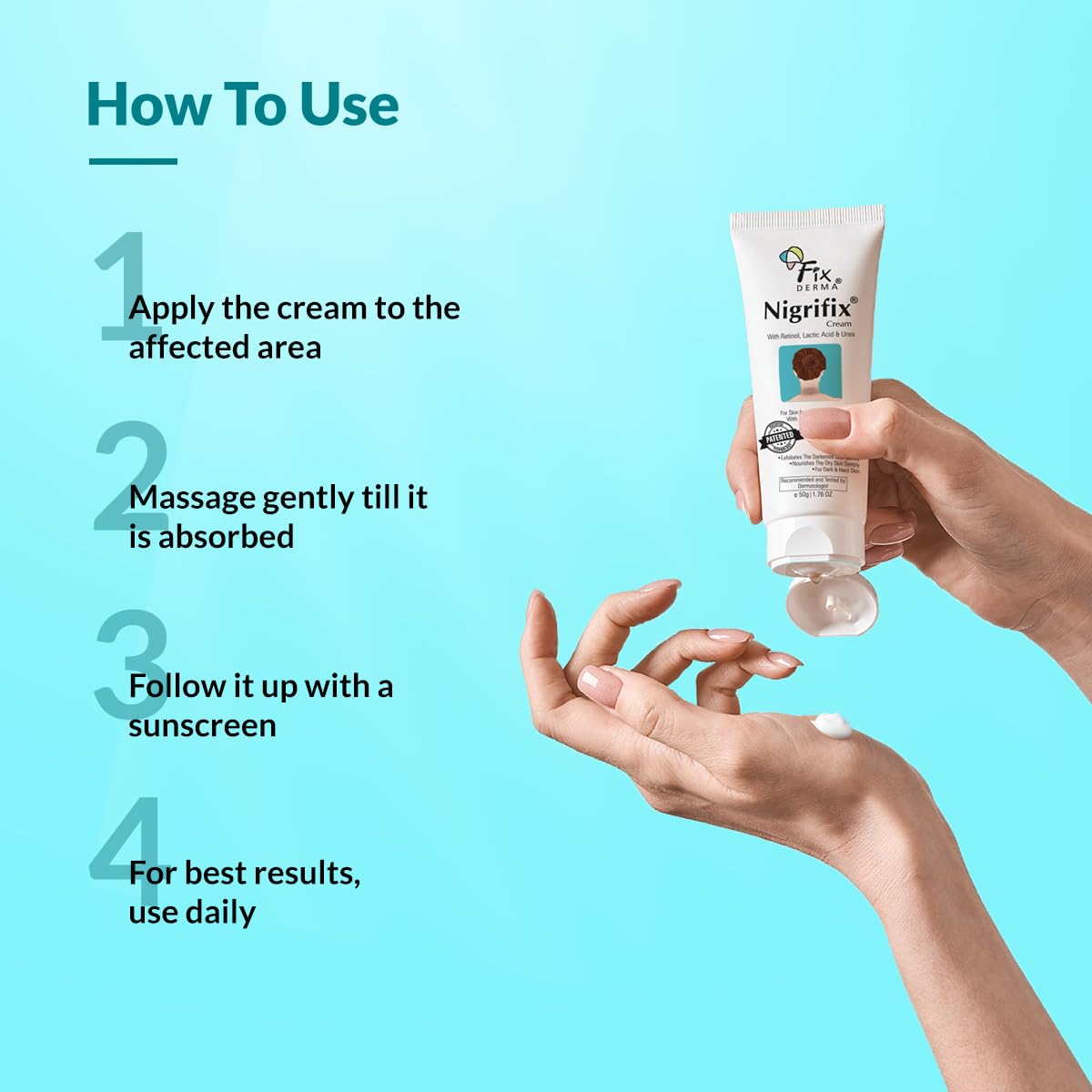 FixDerma Nigrifix crème offrant hydratation prolongée pour peau souple et confortable.