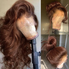 FKFO cabello marrón chocolate, frontal de encaje 13x4, aspecto natural para uso diario.