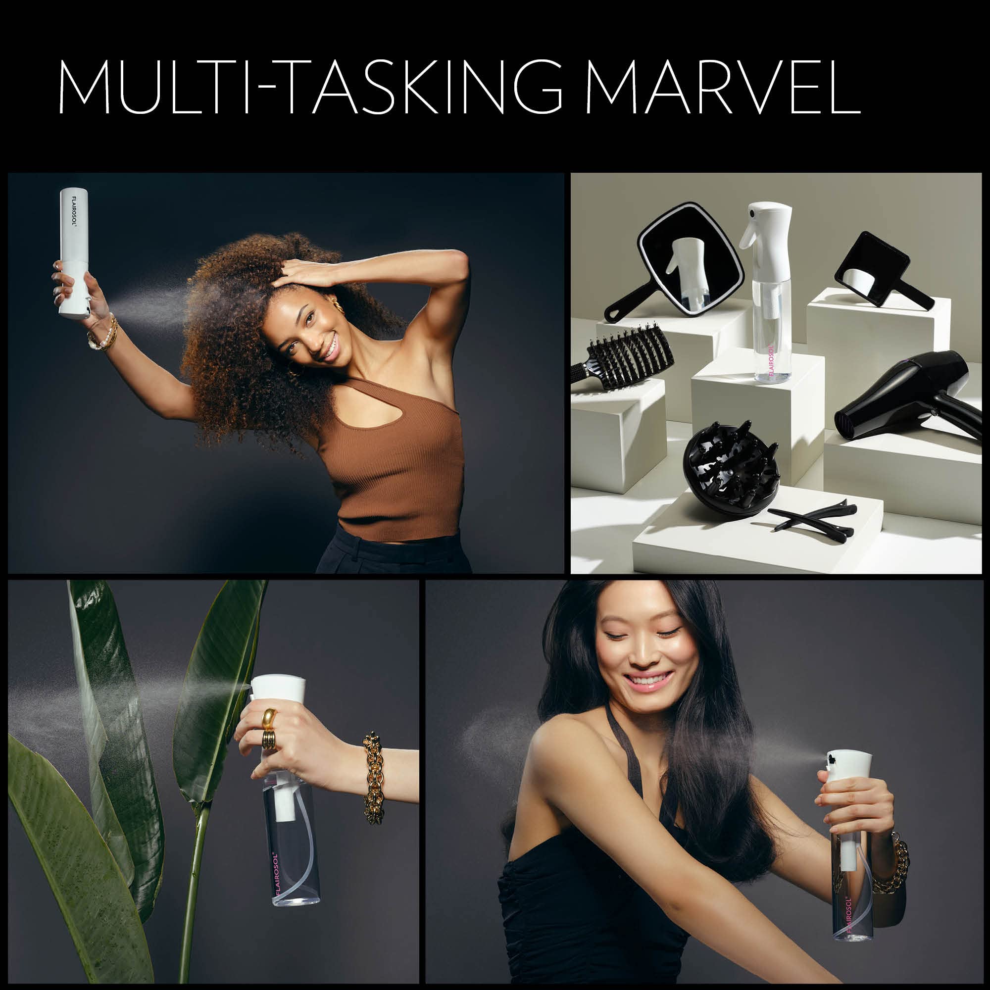 Flairosol, uso multitarea para cabello, plantas y limpieza.