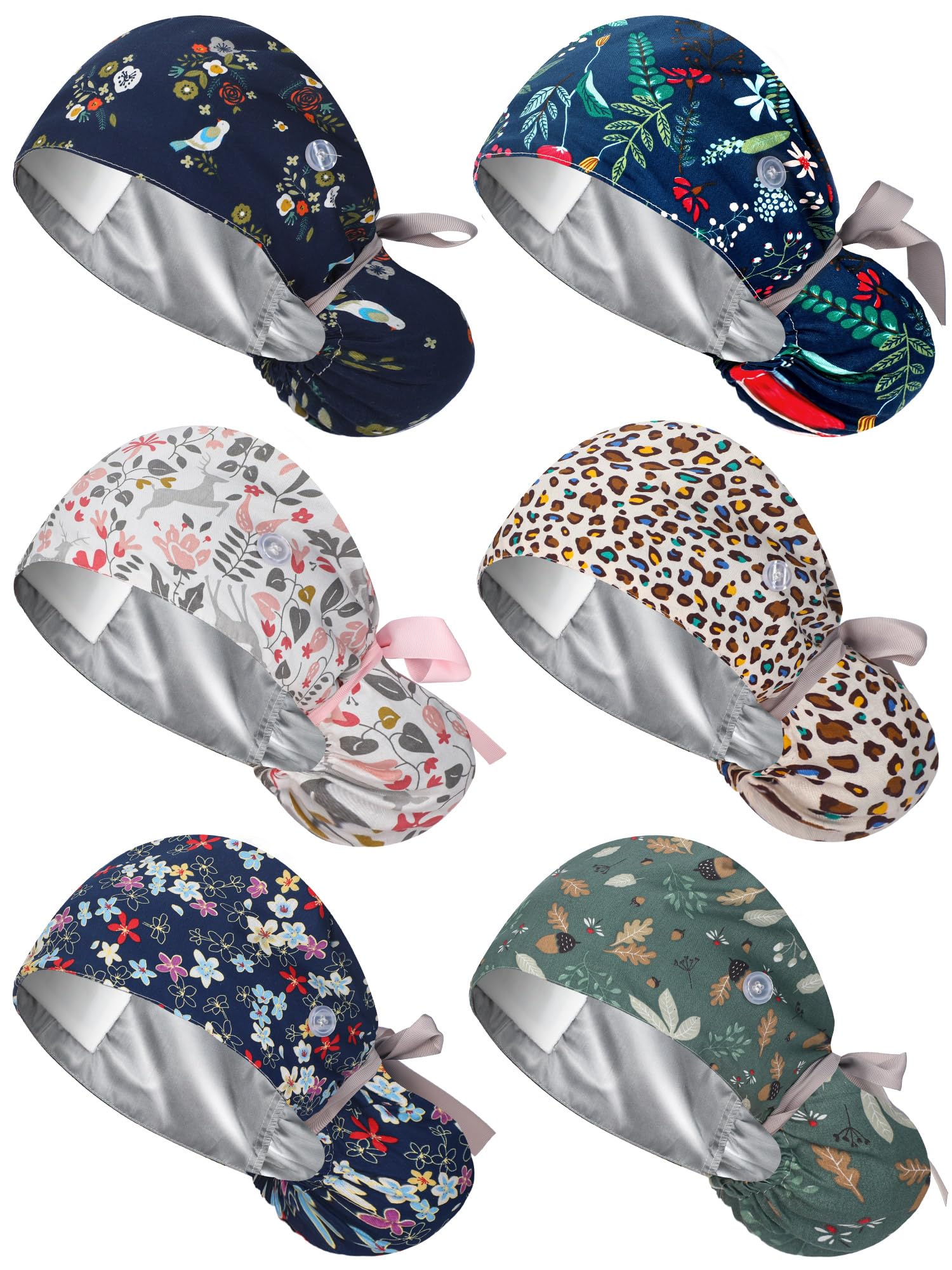 Gorro satinado Floraltop con interior suave, protege el cabello durante turnos largos.