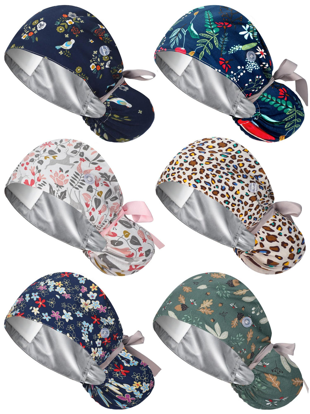 Gorro satinado Floraltop con interior suave, protege el cabello durante turnos largos.