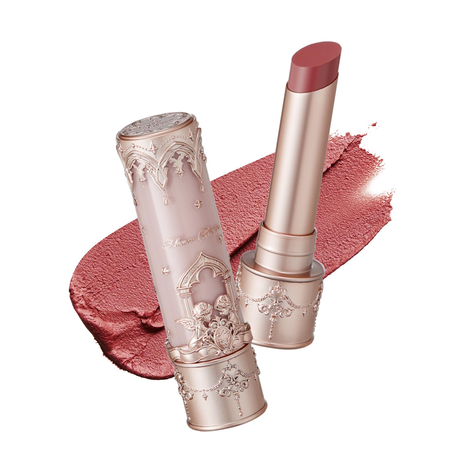 Flower Knows Little Angel labial mate muestra textura barro para acabado suave.