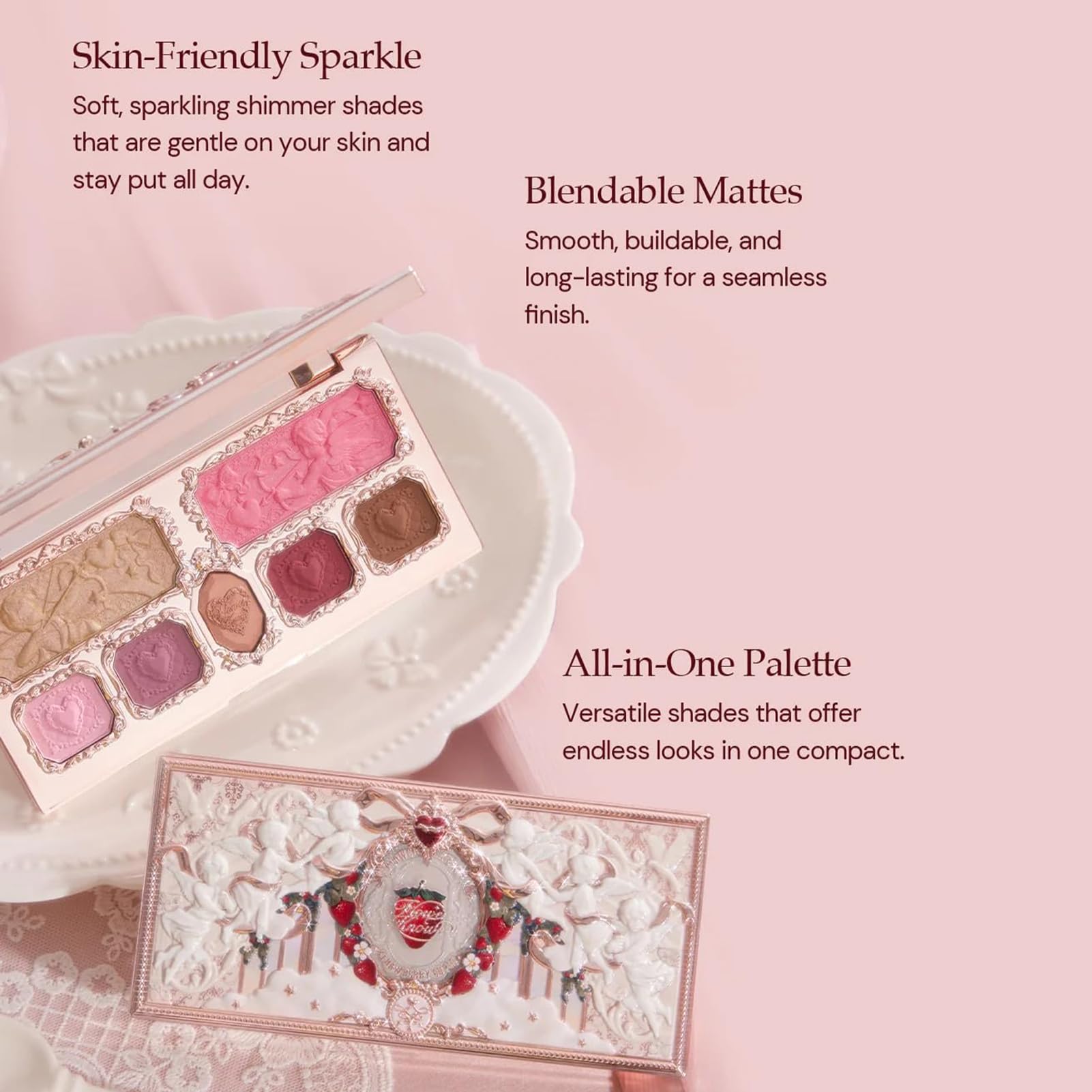 Flower Knows Strawberry Cupid sombras mate y brillos ofrecen aplicación suave y duradera.