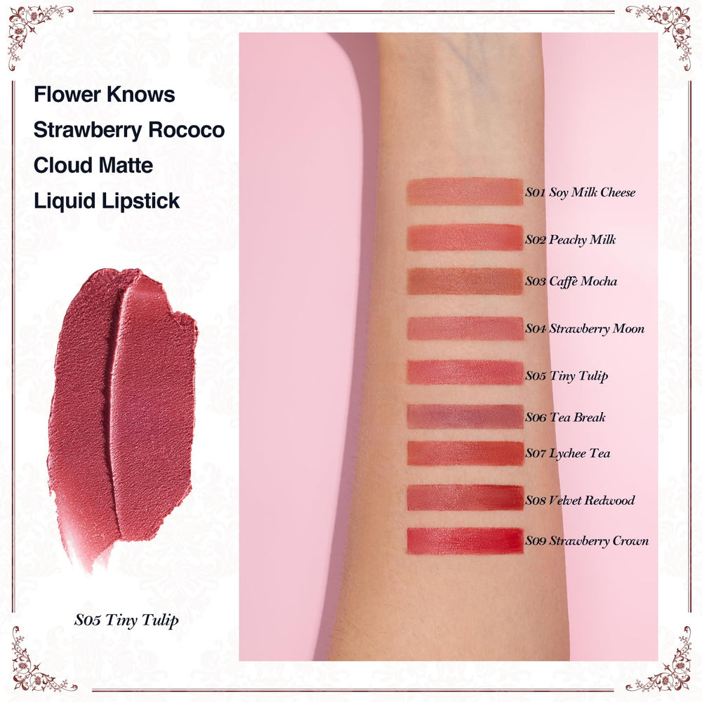 Flower Knows Strawberry Rococo Cloud Lip Cream, muestra de color clara para ver tono.