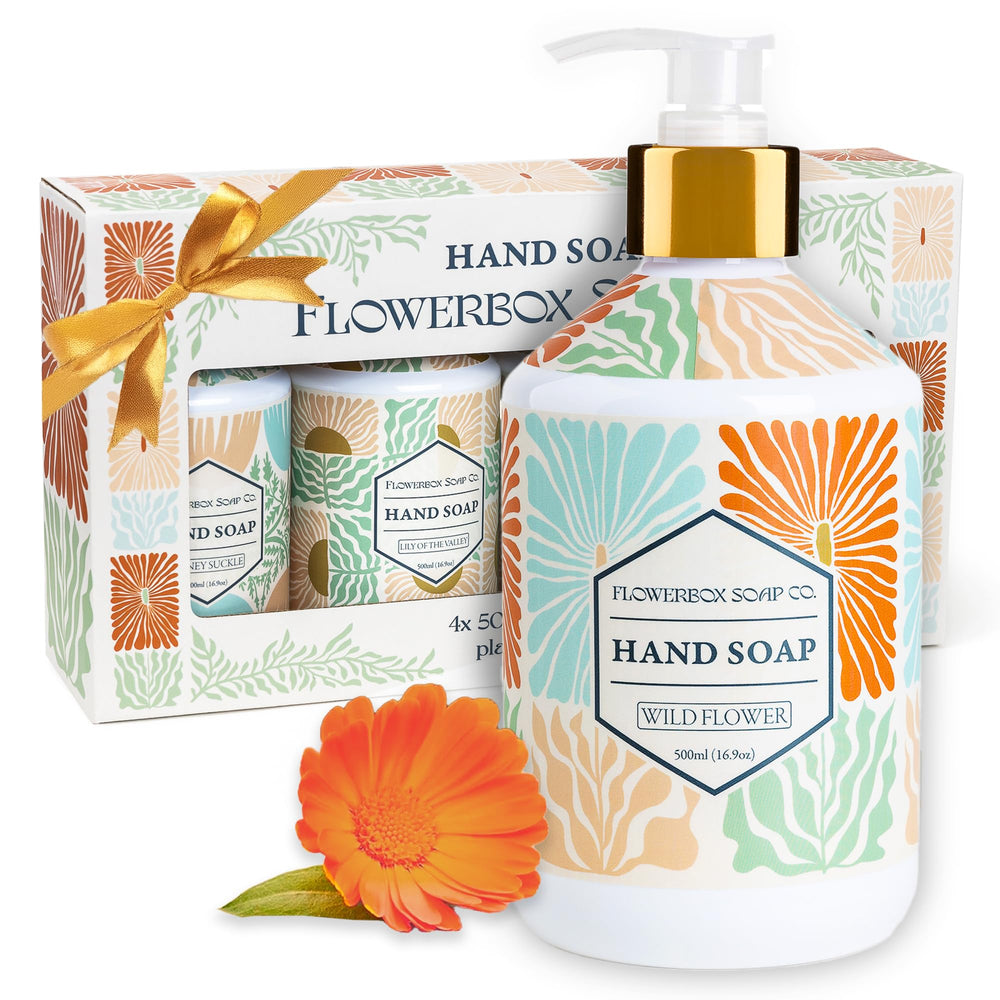 FlowerBox savon mains liquide, mosaique florale sur bouteille, expérience sensorielle.