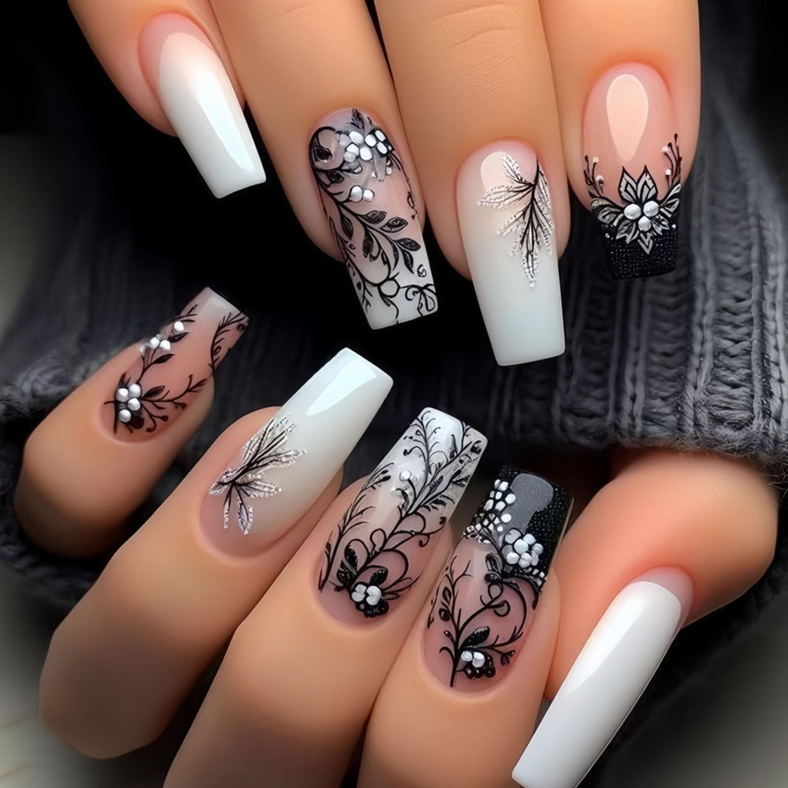 Uñas FLSKENAI press on coffin con diseño floral negro, acabado elegante para cualquier ocasión.