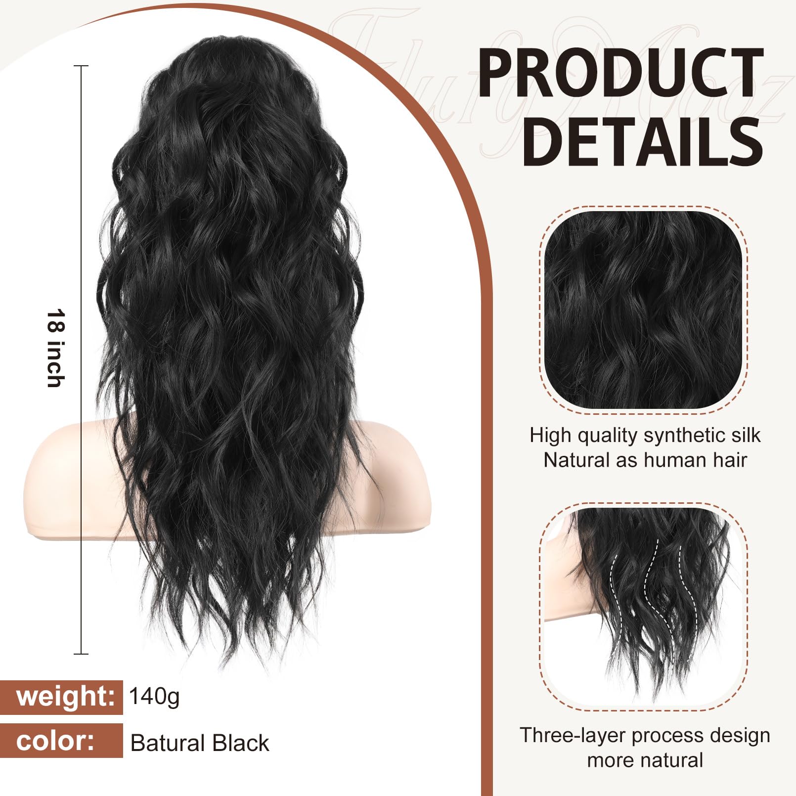 Extensión Flufymooz con pinza, ondulado natural, ajuste seguro en cualquier ocasión.