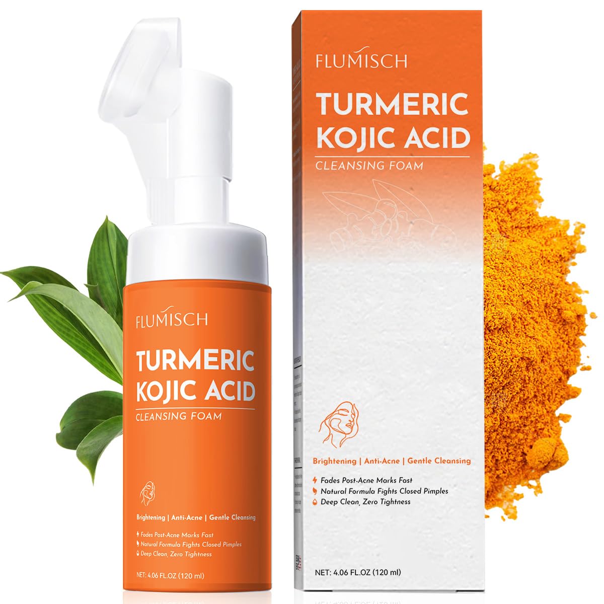 FluMisch limpiador facial espumoso con cúrcuma y ácido kojico para luminosidad suave.