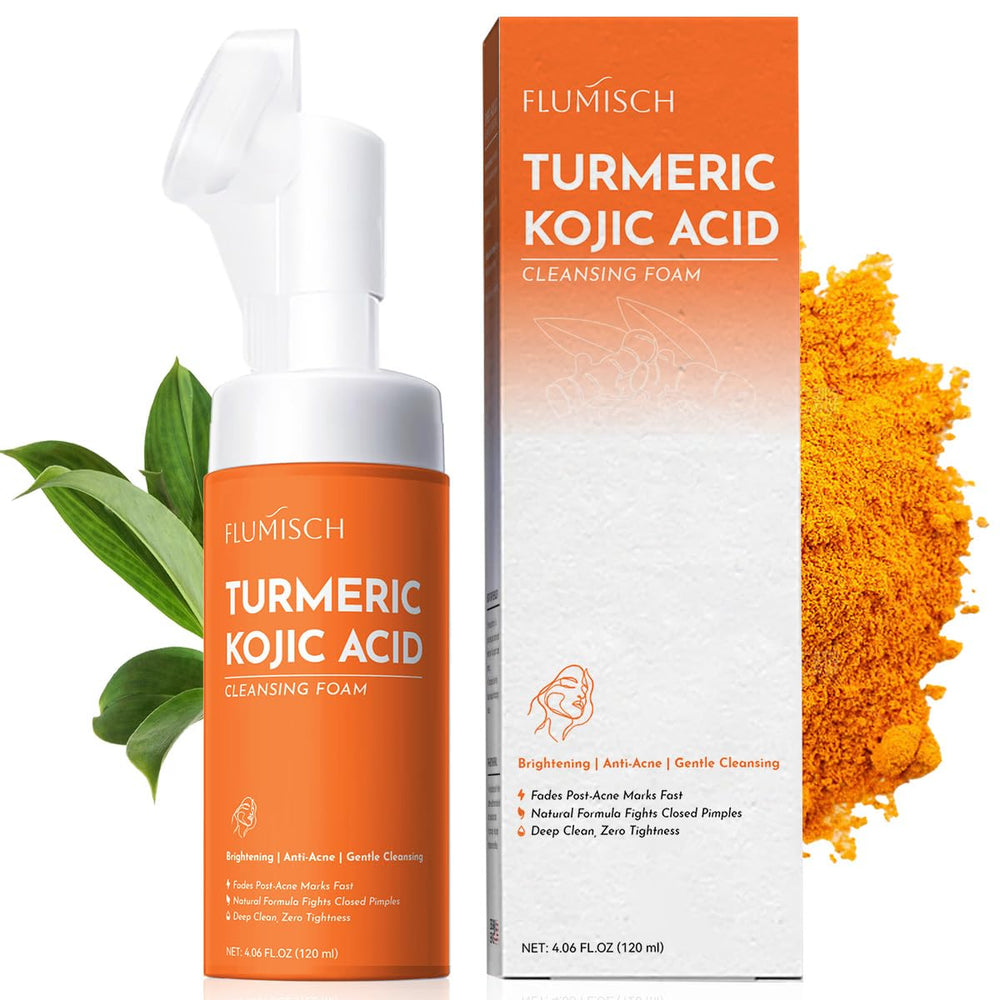 FluMisch limpiador facial espumoso con cúrcuma y ácido kojico para luminosidad suave.