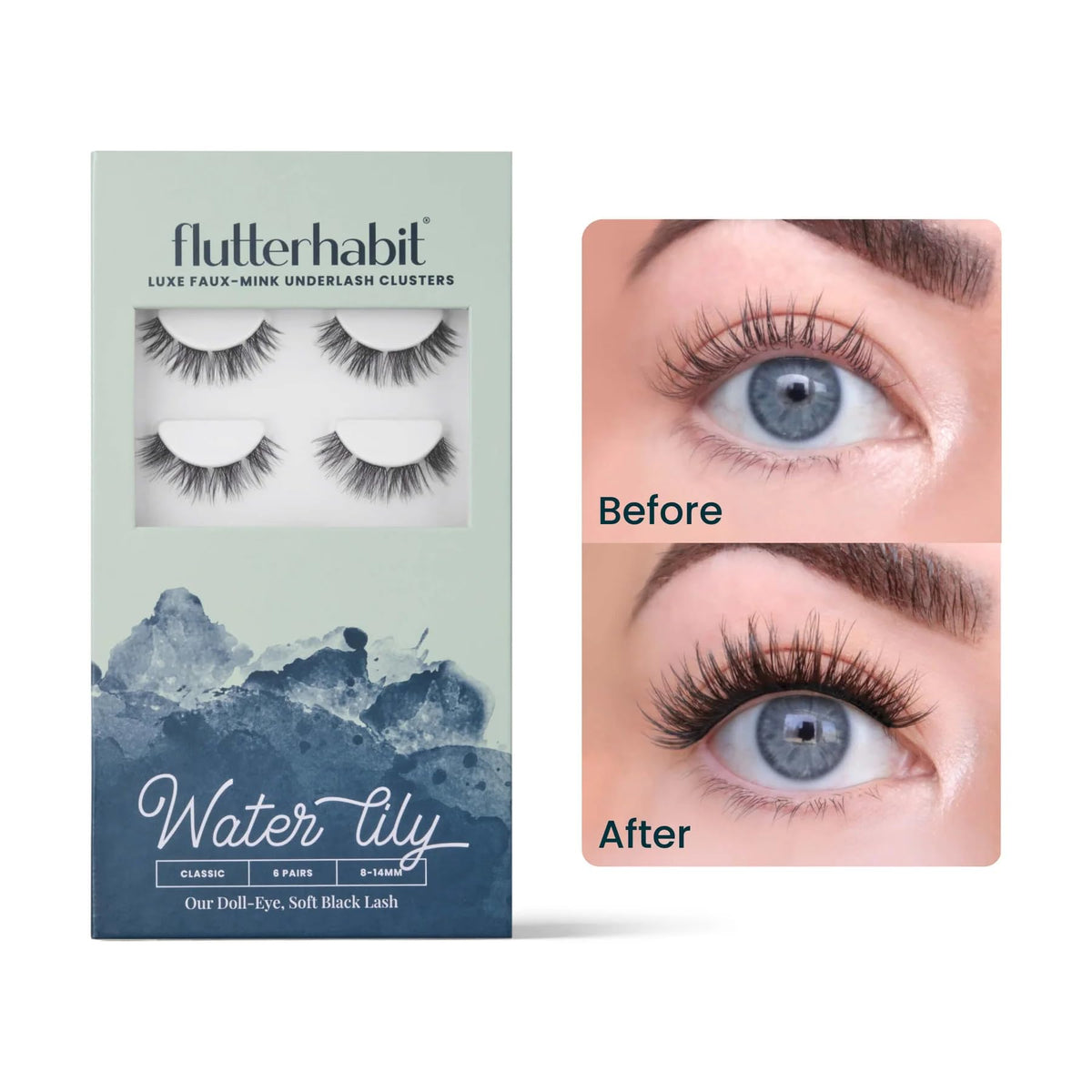FlutterHabit Water Lily Lash Clusters: look natural y duradero desde un ángulo frontal.
