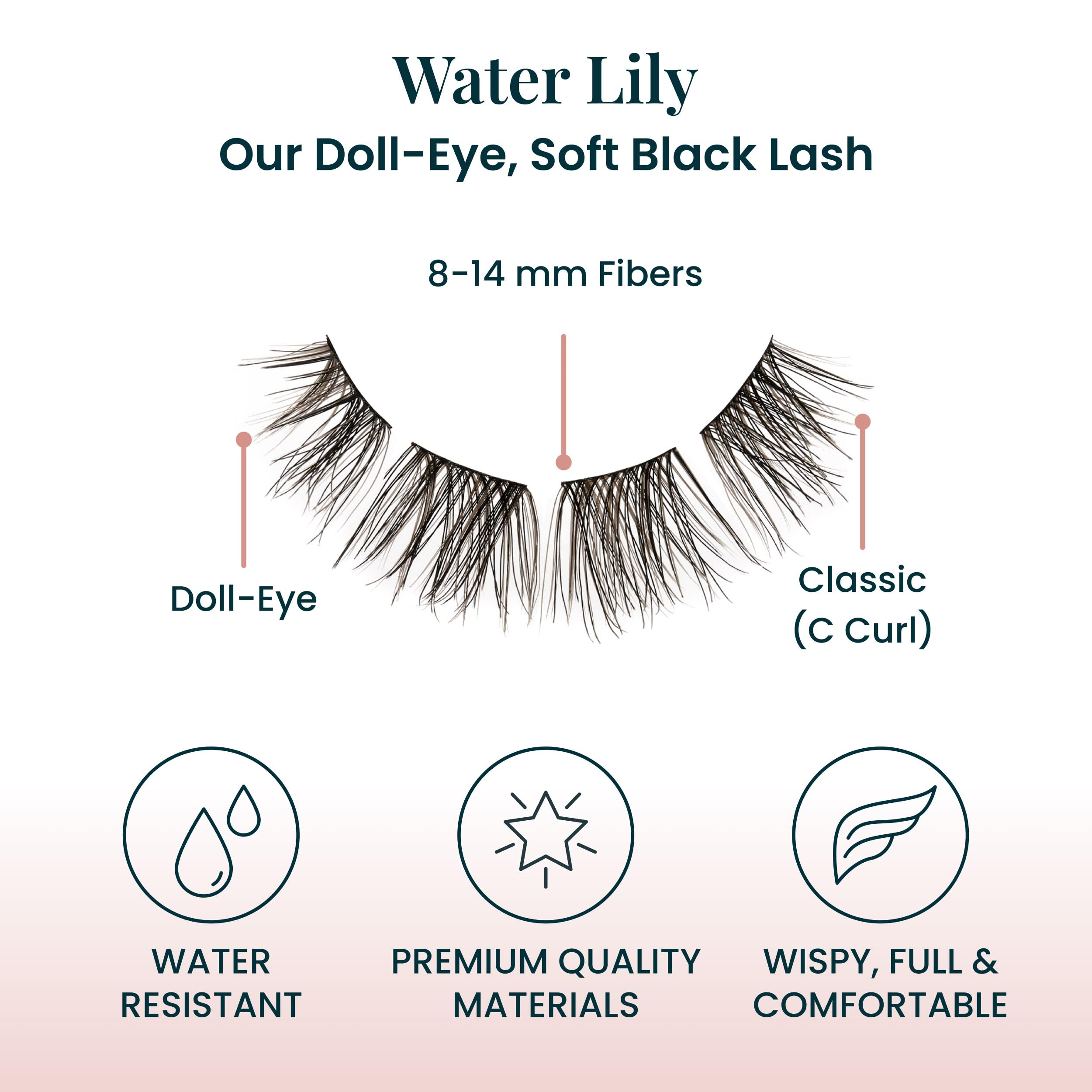 FlutterHabit Water Lily Lash Clusters: empaque y conjuntos listos para uso en casa.