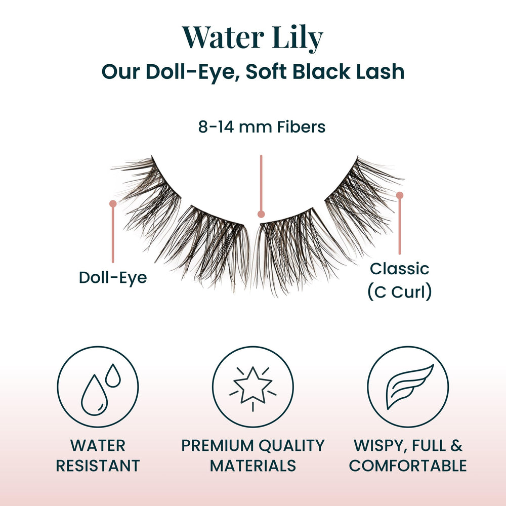 FlutterHabit Water Lily Lash Clusters: empaque y conjuntos listos para uso en casa.