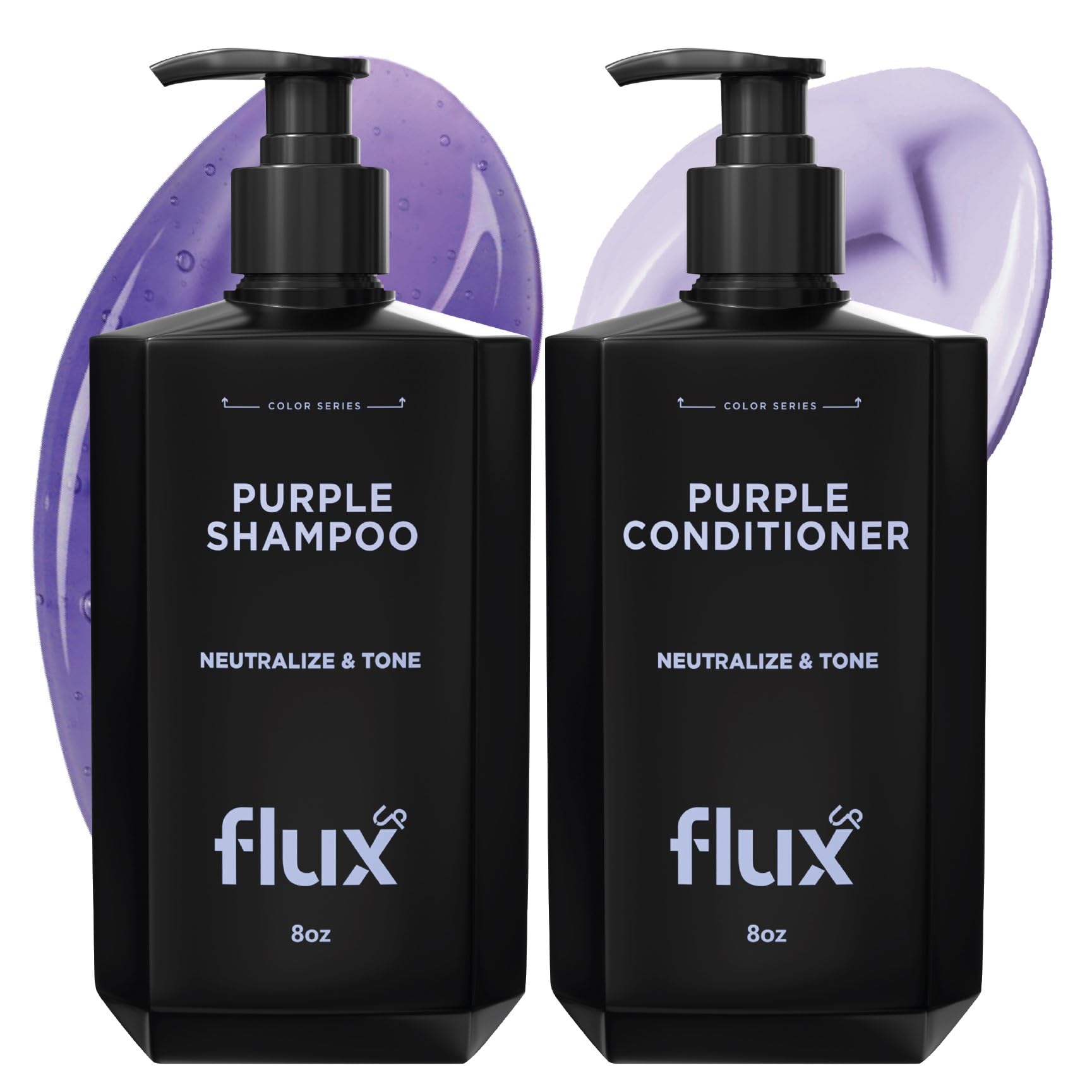 FLUX UP champú púrpura, botella visible, neutraliza tonos amarillos en rubios