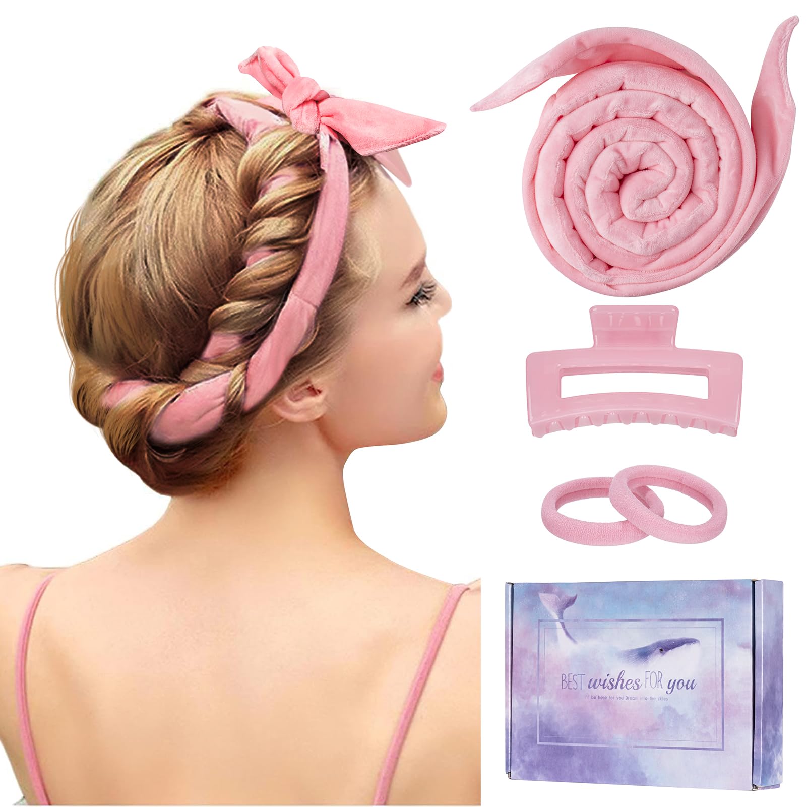 Flylipu rizadores sin calor de 60 pulgadas en rosa permiten rizos definidos al despertar.