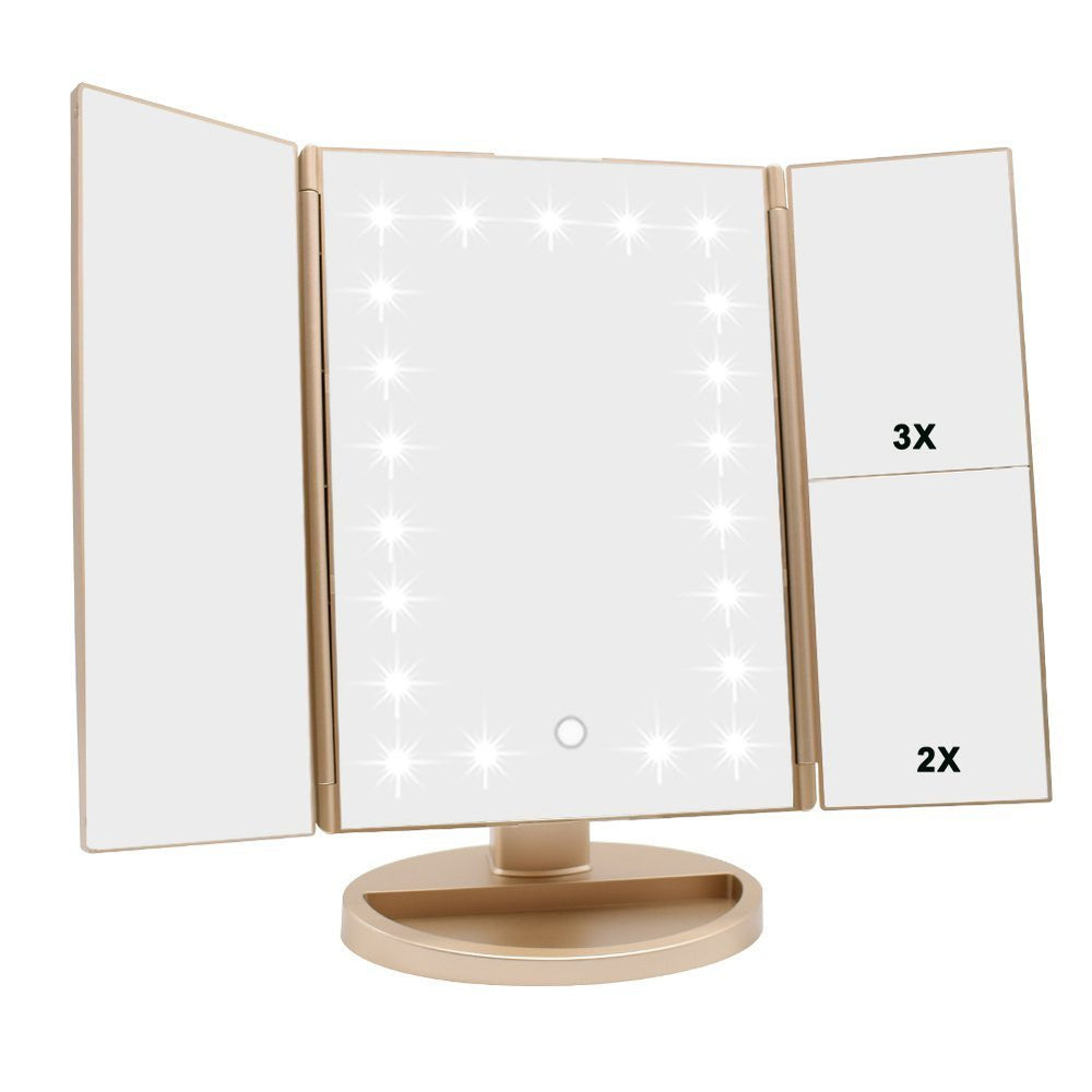 Flymiro espejo de tres paneles con luces para maquillaje preciso y visión amplia