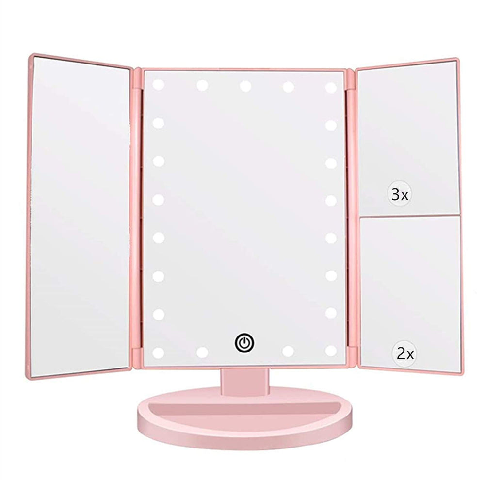 Flymiro espejo de tocador iluminado con tres paneles y aumentos 3x/2x para precisión.