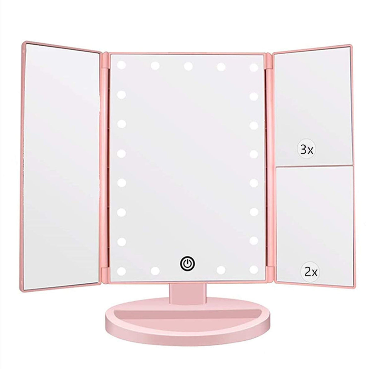 Flymiro espejo de tocador iluminado con tres paneles y aumentos 3x/2x para precisión.