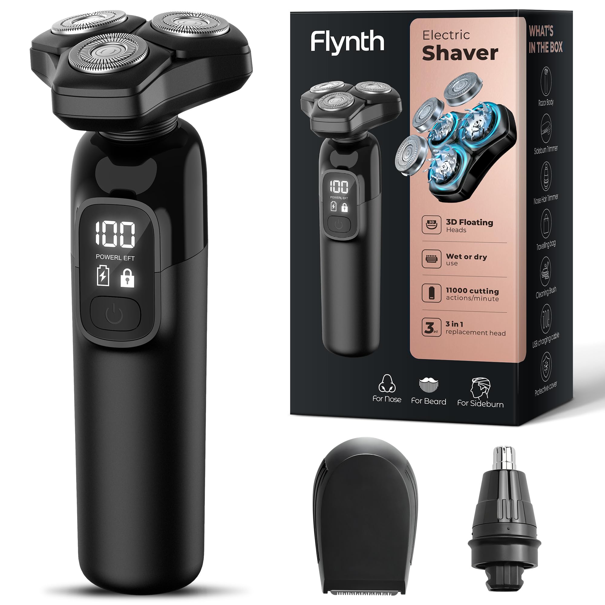 Flynth afeitadora eléctrica 3 en 1, enfoque en diseño compacto para un afeitado rápido y cómodo.