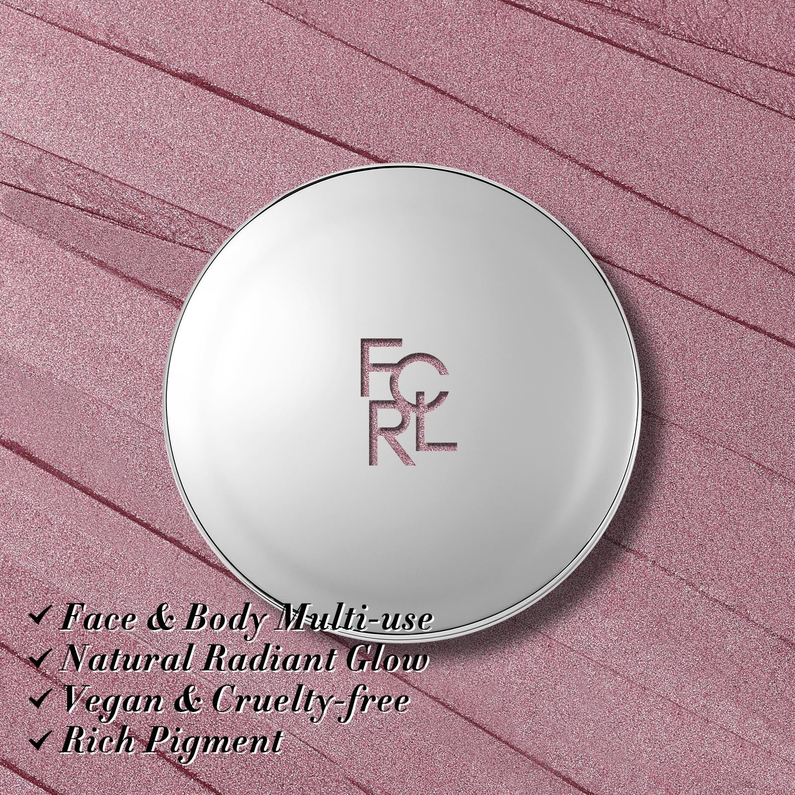 FOCALLURE iluminador galaxia rosada, ideal para resaltar pómulos y clavículas.