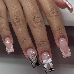 Uñas postizas Foccna rosa con cristales, ideal para eventos especiales