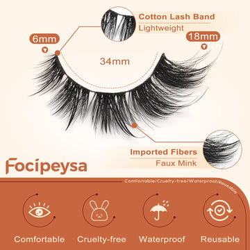 Pestañas falsas de volumen 18 mm de Focipeysa para un acabado llamativo.