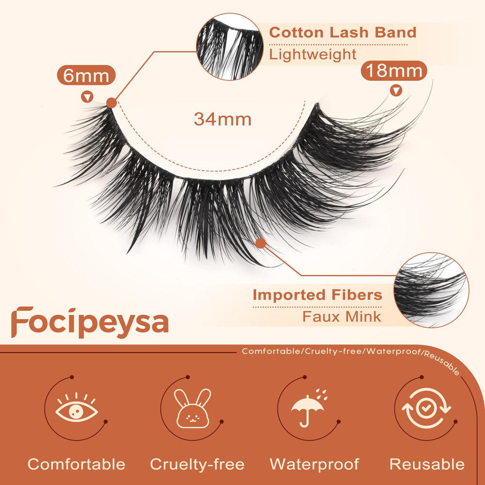 Pestañas falsas de volumen 18 mm de Focipeysa para un acabado llamativo.