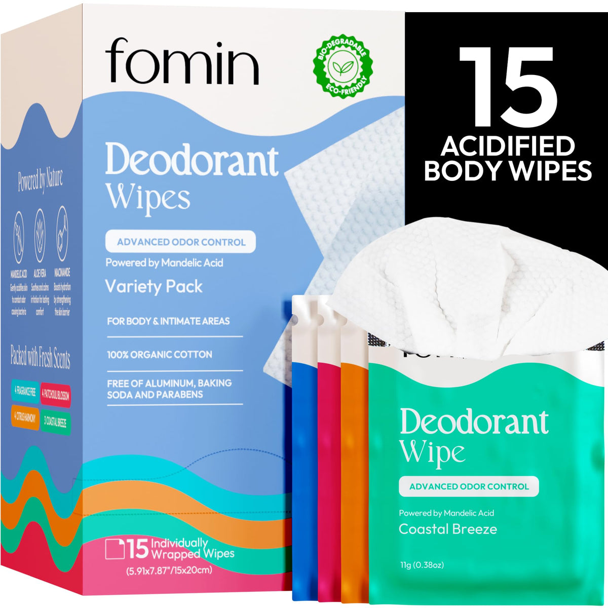 FOMIN acidified travel deodorant wipes compact pack for on-the-go freshness.