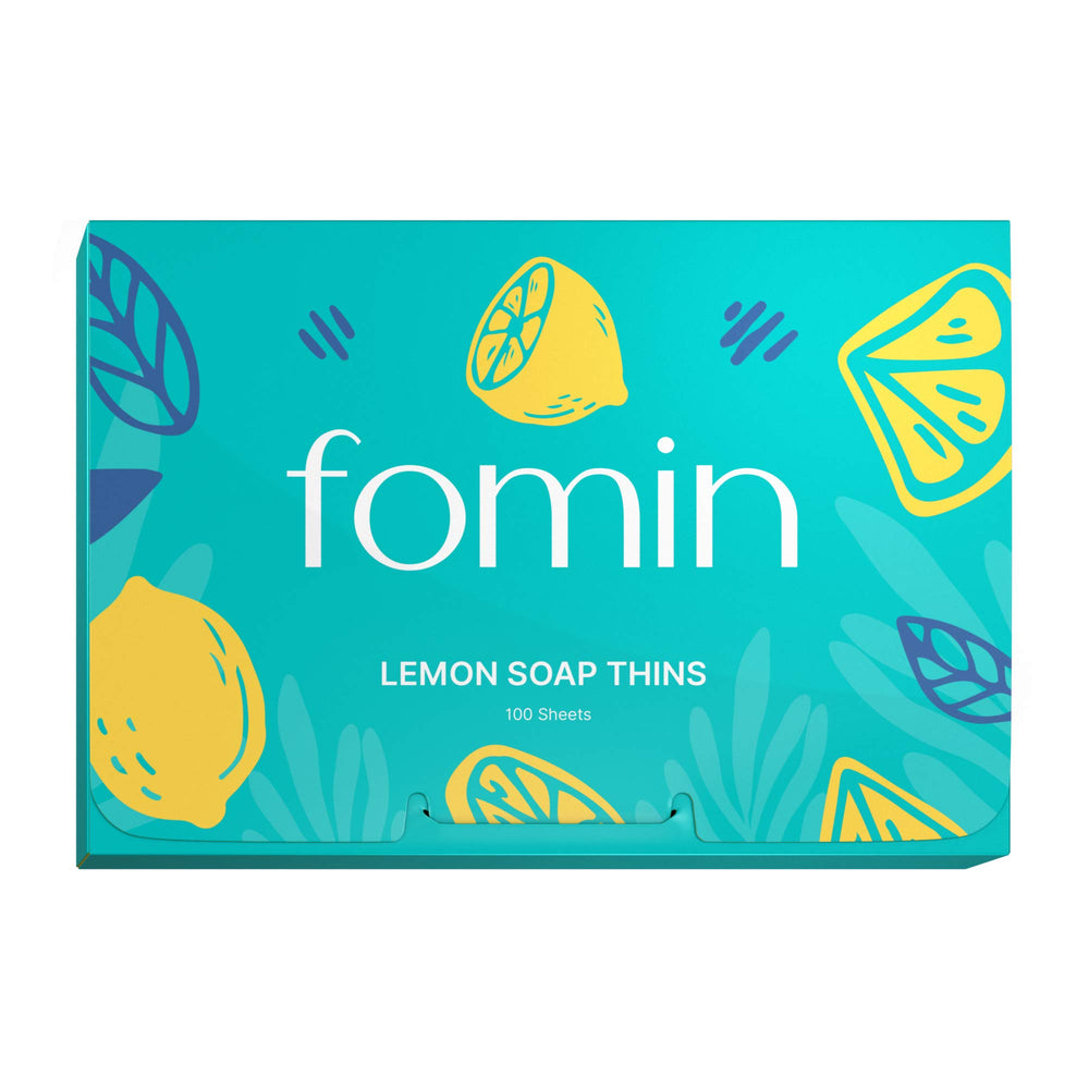 Hojas de jabón FOMIN en papel limón, 100 hojas para higiene rápida en viajes.