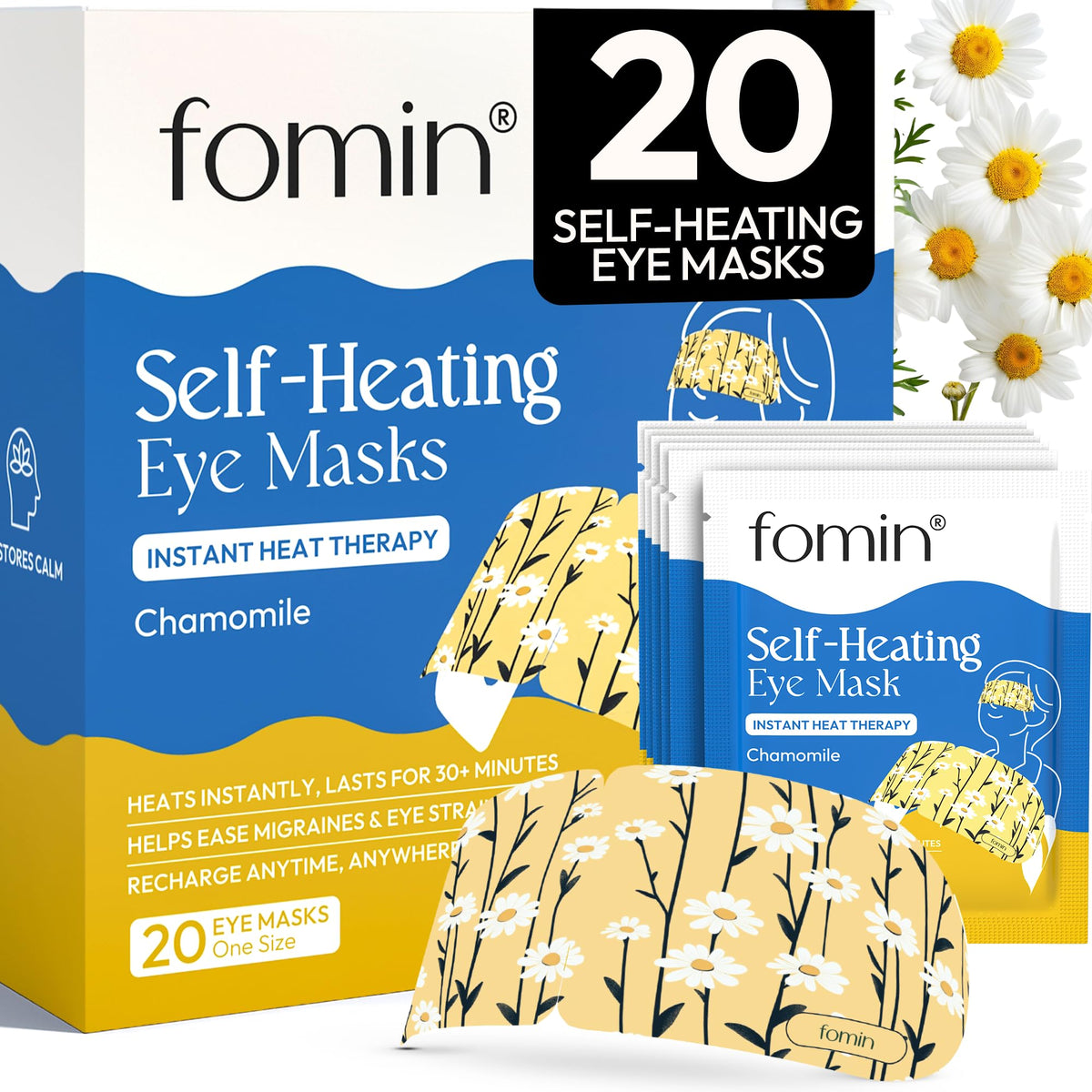FOMIN mascarilla térmica para ojos con manzanilla, alivio relajante para ojos cansados.