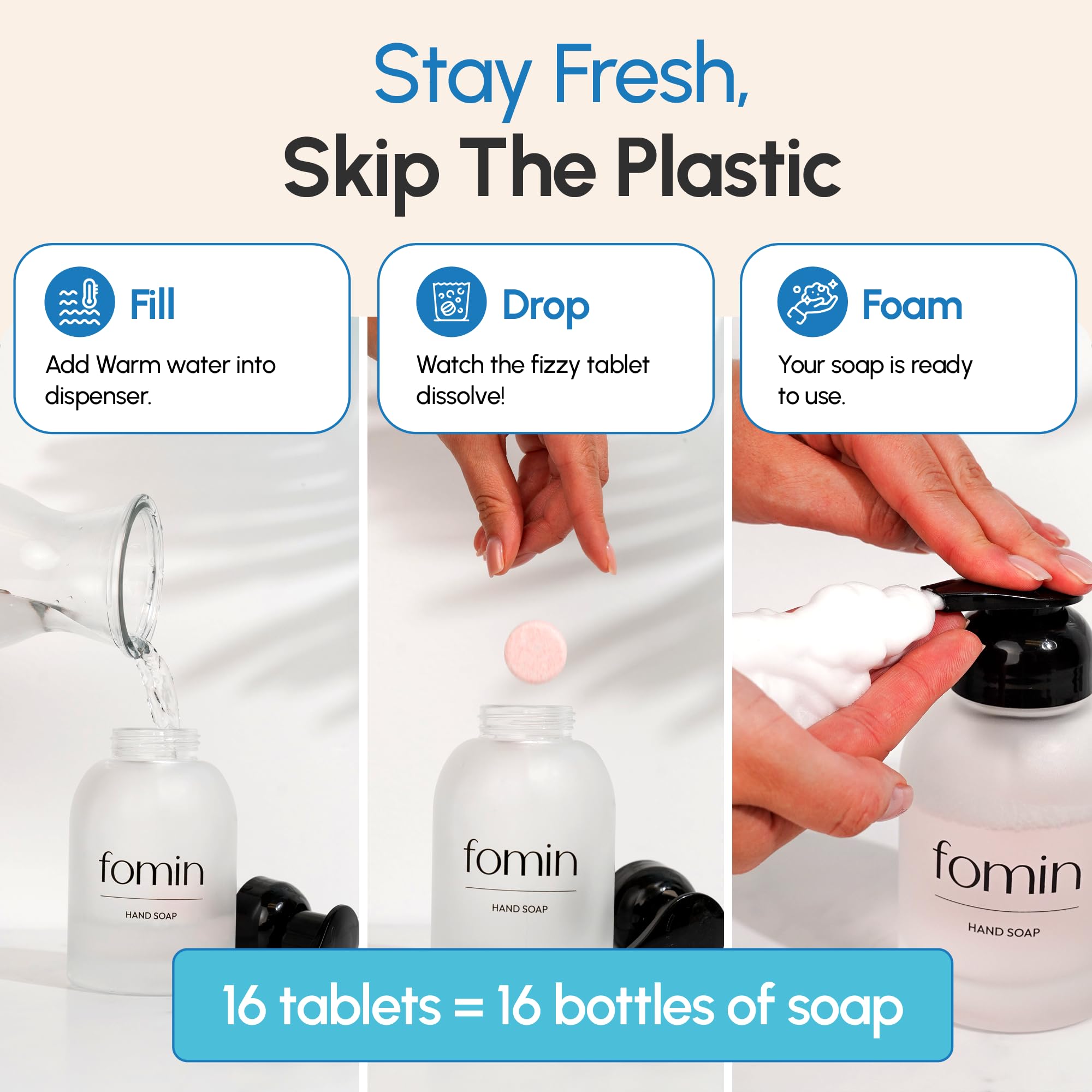 Proceso simple de rellenar con agua y tableta FOMIN para espuma.