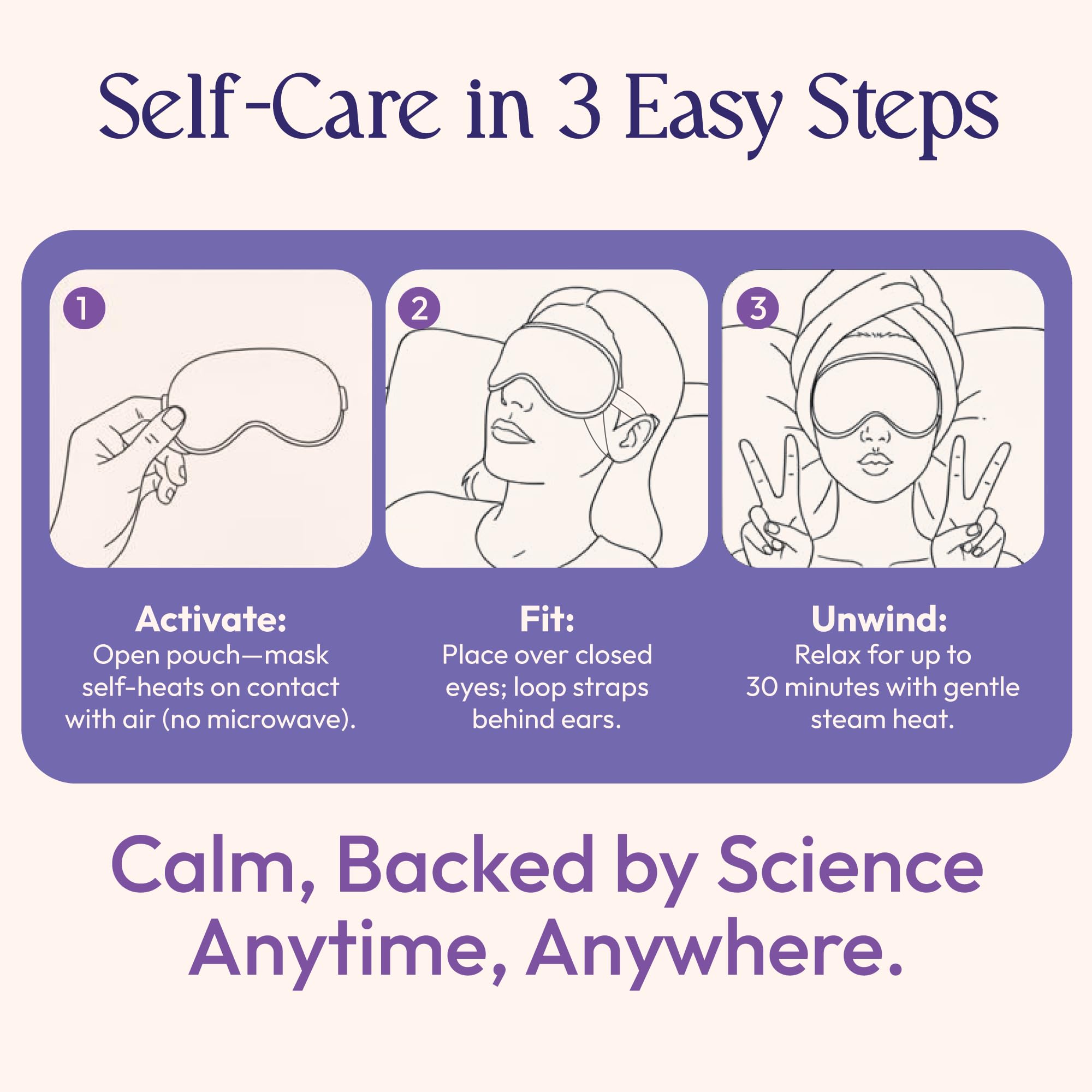 FOMIN mascarilla ocular, temperatura estable 104-113°F para relajación suave de 20-30 minutos.