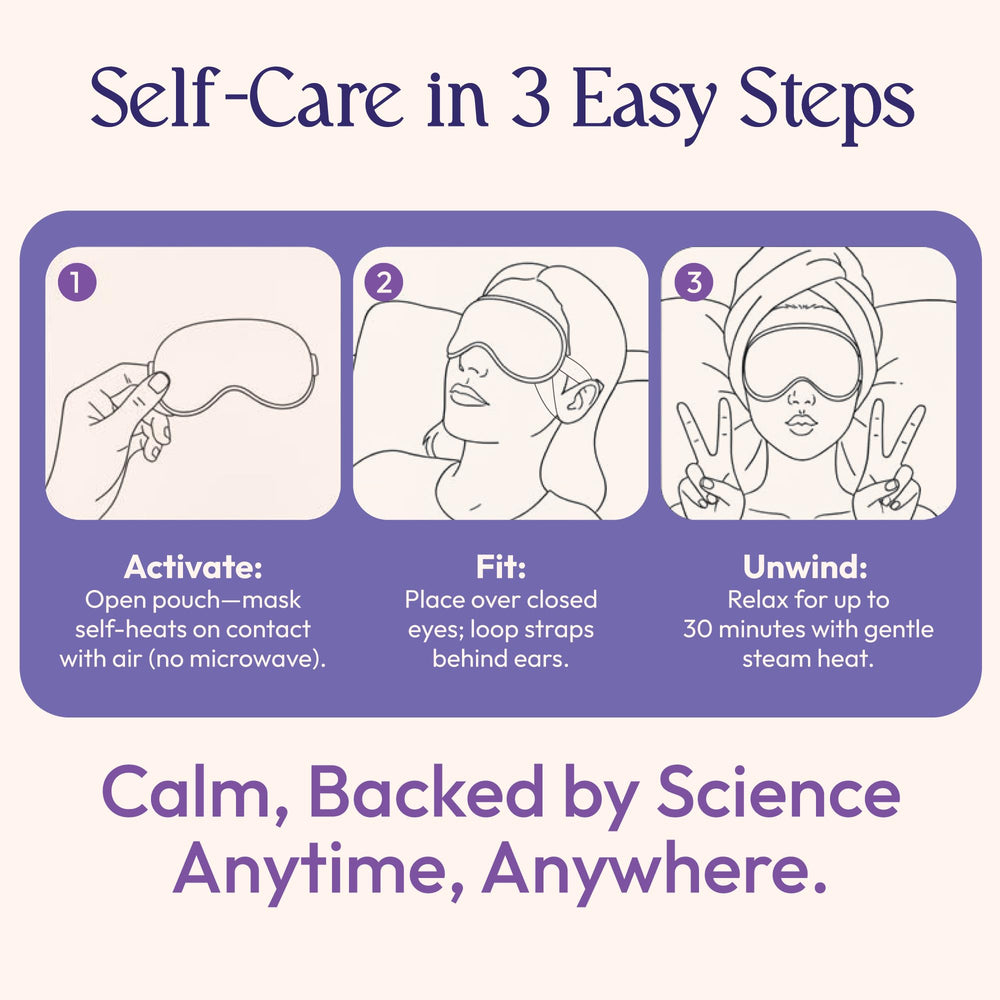 FOMIN mascarilla ocular, temperatura estable 104-113°F para relajación suave de 20-30 minutos.