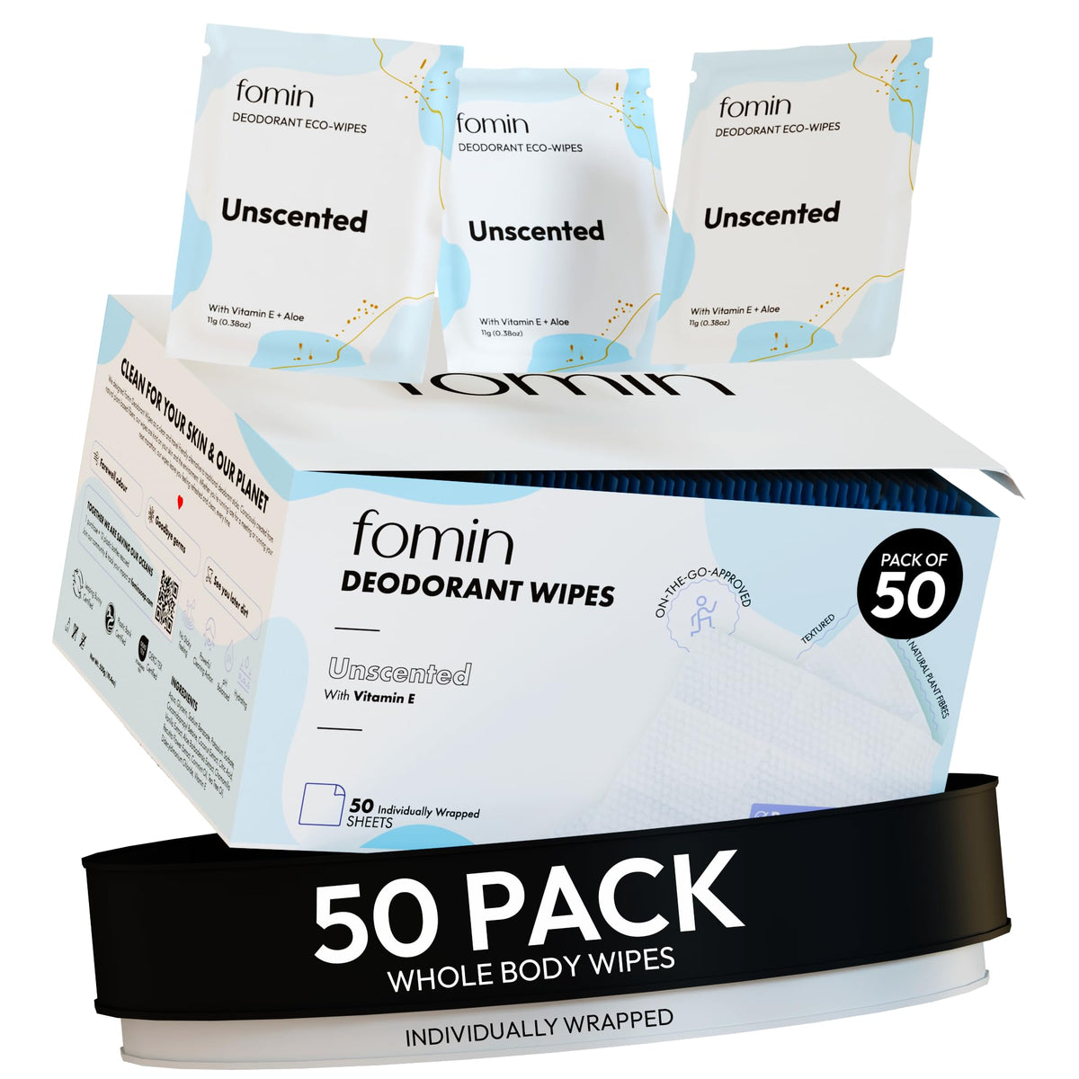 Toallitas desodorantes de viaje FOMIN, 50 unidades envueltas individualmente, alivio rápido de sudor en cualquier lugar