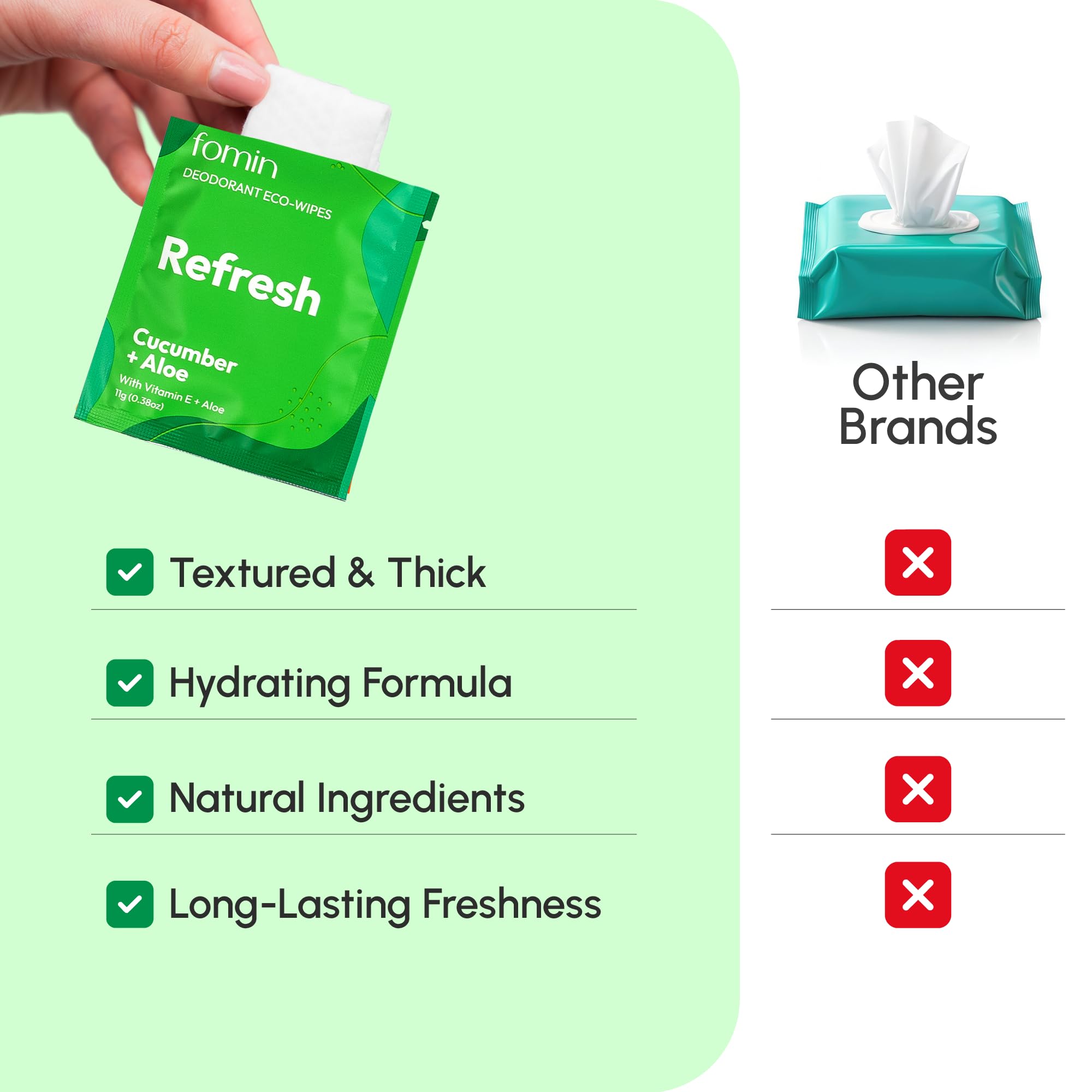 Toallitas desodorantes FOMIN con envoltorio individual para llevar en bolso.
