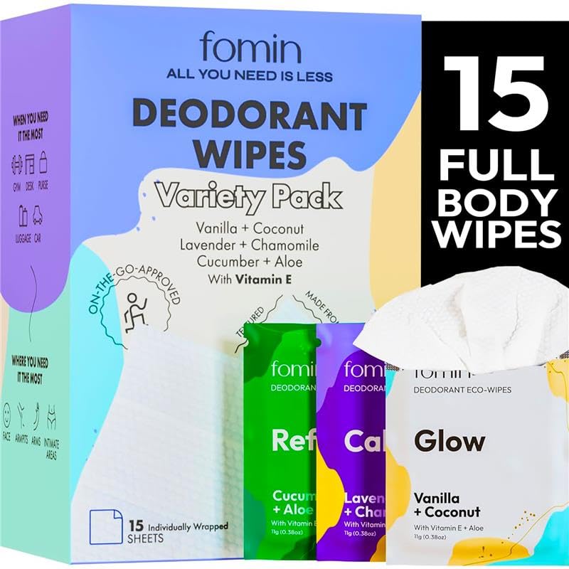 Toallitas FOMIN de viaje en empaque individual para uso rápido y discreto.