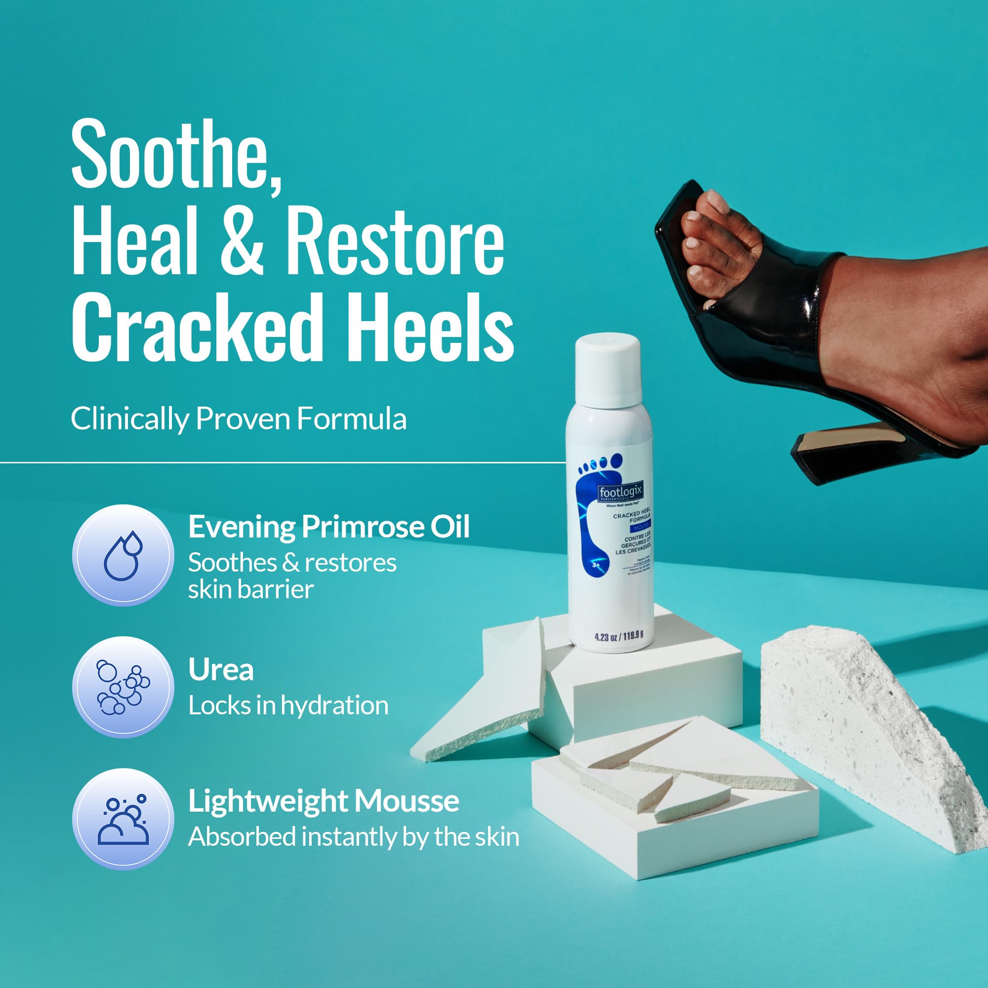 Footlogix envase blanco facilita una aplicación limpia en talones.