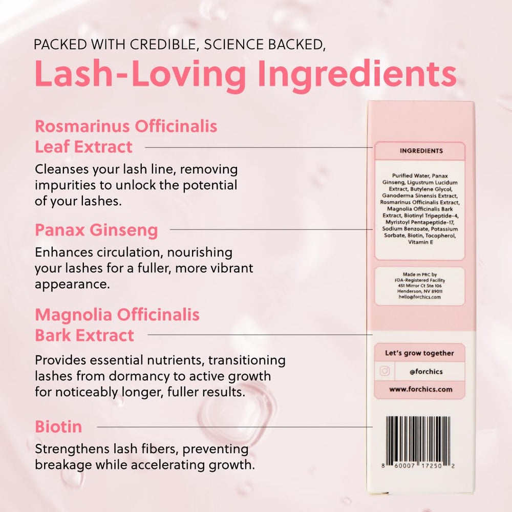 Primer plano de pestañas con ForChics Serum para uso diario
