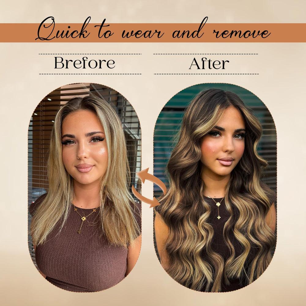 Extensiones Forede balayage marrón oscuro con broches para un look natural.