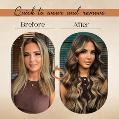 Extensiones Forede balayage marrón oscuro con broches para un look natural.