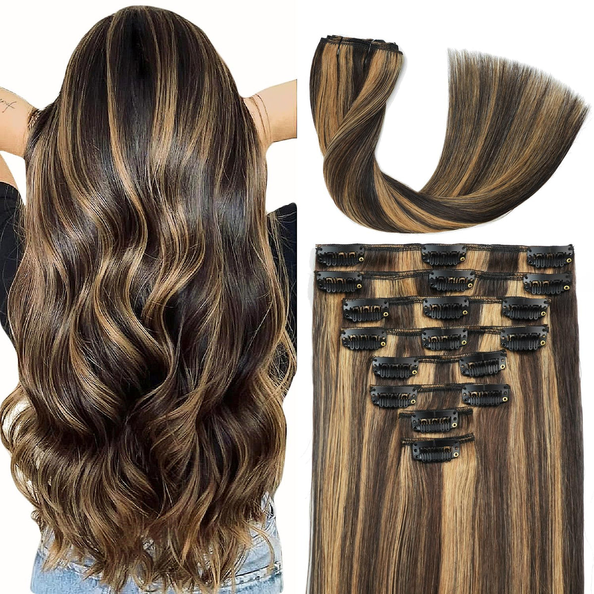 Extensiones Forede con broches de cabello real para mayor longitud y volumen natural.