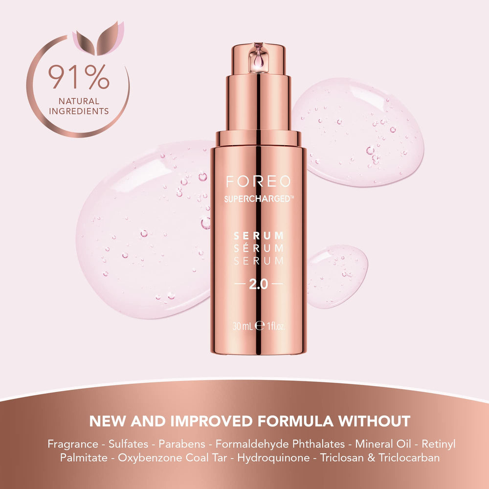 FOREO Serum Supercargado 2.0, ingredientes naturales para hidratación y reparación suave.