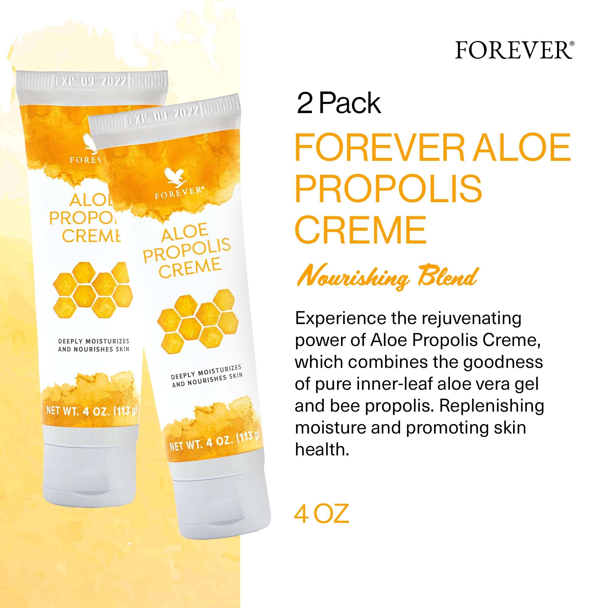 Forever Living Aloe Propolis Creme, textura cremosa para piel suave e hidratada.