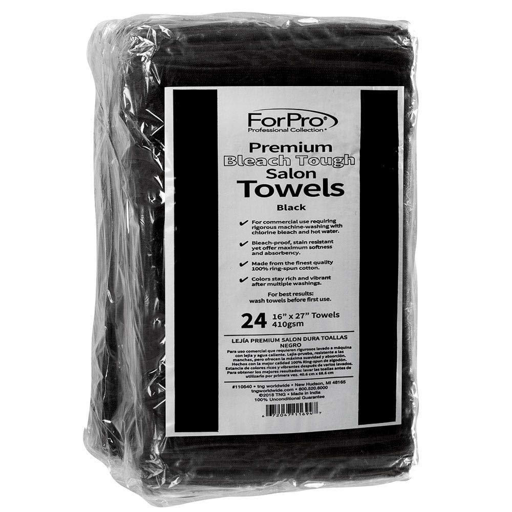 Toallas ForPro negras resistentes a cloro, ideal para salones.