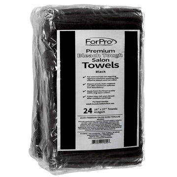Toallas ForPro negras resistentes a cloro, ideal para salones.