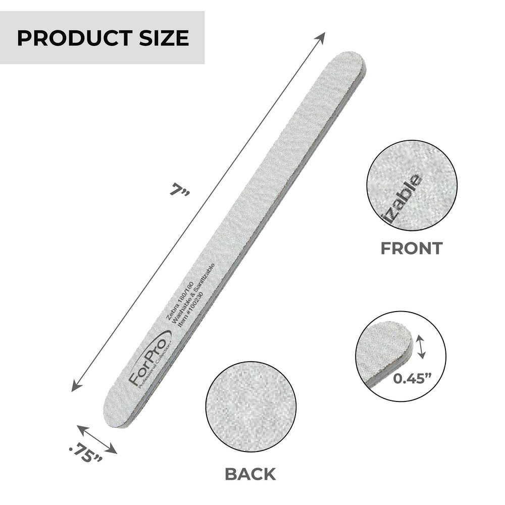 ForPro Zebra Nail File lavable para limpieza y sanitización entre usos.