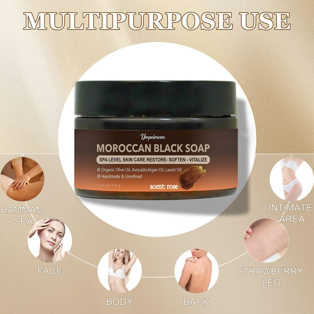 Forvirness Jabon Negro Marroquí: aroma rosa que invita a un ritual relajante.