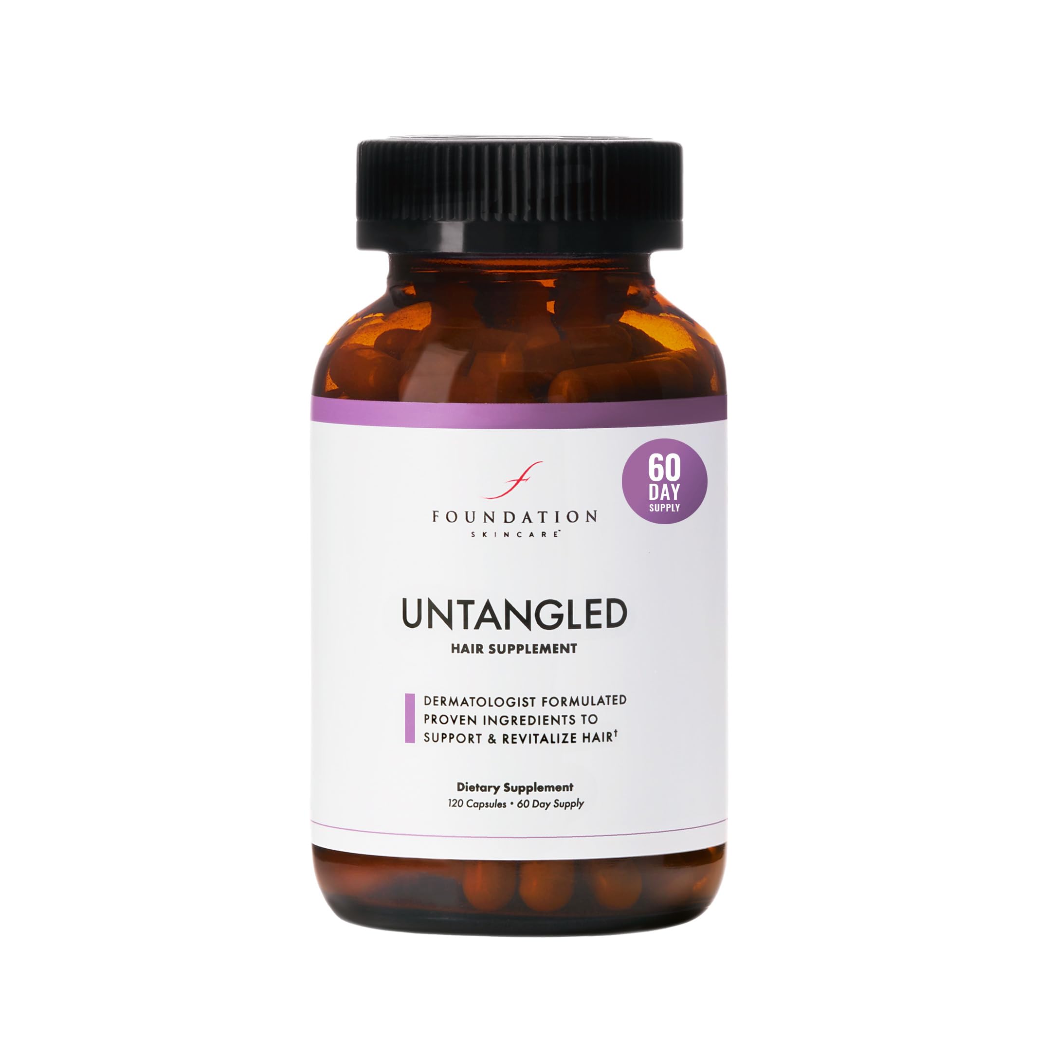Foundation Skincare Untangled: botella de vitaminas para el cabello que apoya crecimiento saludable.