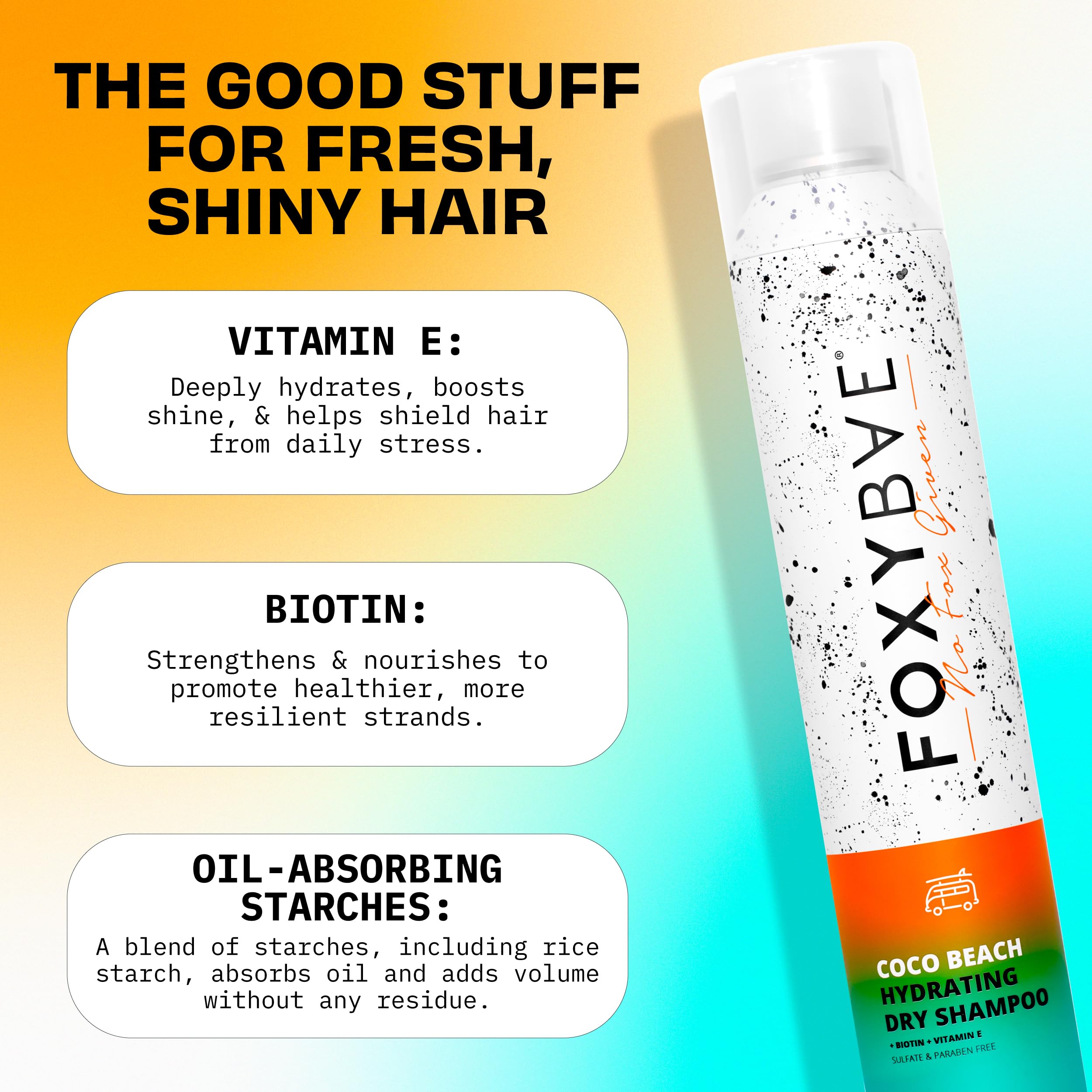 FoxyBae bottle close-up shows biotin and Vitamin E infusion for healthier-looking hair.