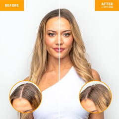 FoxyBae dry shampoo action highlights oil absorption with rice starch.