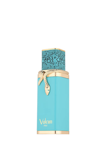 Fragrance World Vulcan Feu: botella en escena nocturna, ideal para veladas.